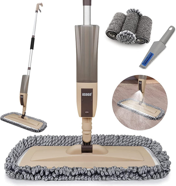 Spray Mop for Floor Cleaning, Floor Mop with a Refillable Spray Bottle and 3 Washable Pads& 1 Scraper, Flat Mop for Home Kitchen Hardwood Laminate Wood Ceramic Tiles Floor Cleaning (Brown)