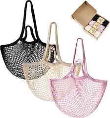 WOOJAY Cotton mesh bags -Reusable Mesh Grocery Bags -Double handles net shopping bag-Mesh tote bag, fruit & vegetable market bags - 3 Pack (Beige, Pink, Black) -Large