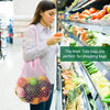 WOOJAY Cotton mesh bags -Reusable Mesh Grocery Bags -Double handles net shopping bag-Mesh tote bag, fruit & vegetable market bags - 3 Pack (Beige, Pink, Black) -Large